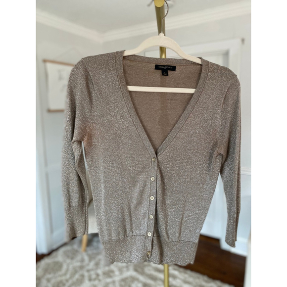 Banana Republic Metallic Shimmer Cardigan Taupe Button Parisian Scandi Preppy S - Picture 2 of 6
